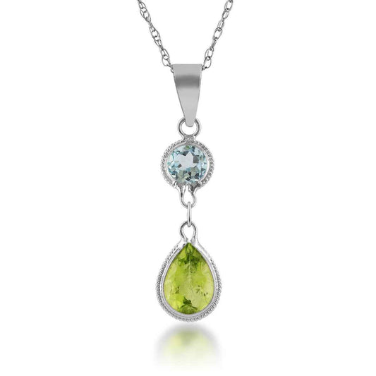 Pear Peridot and Round Blue Topaz Pendant in 14K White Gold