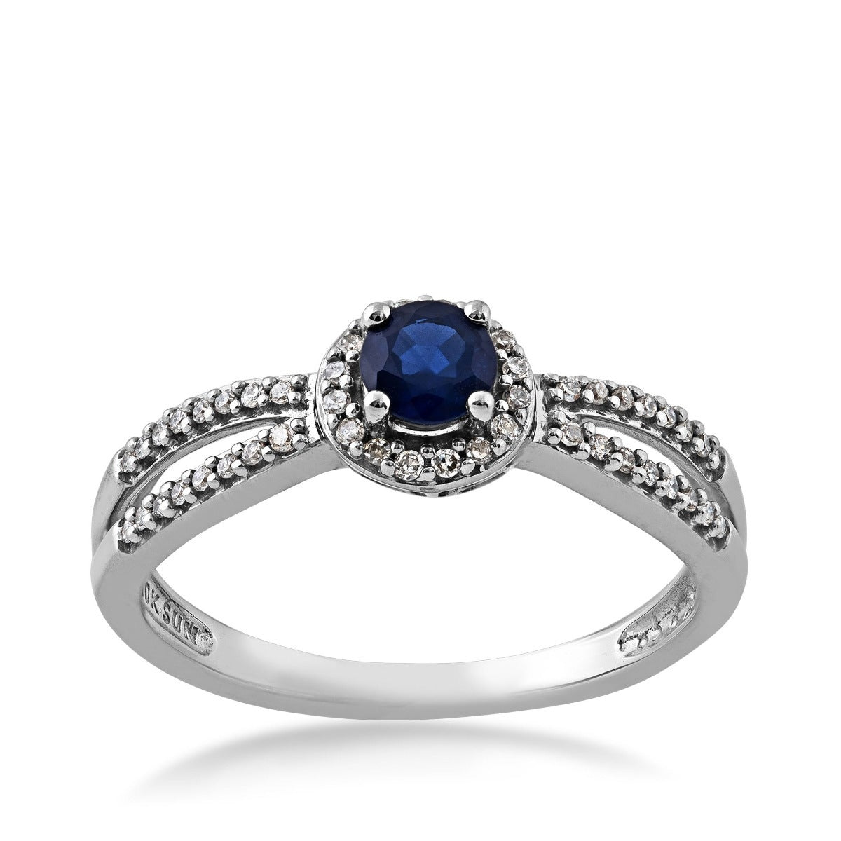 Sapphire and 1/6 ct. tw. Diamond Halo Split Shank Ring in 10K White Gold