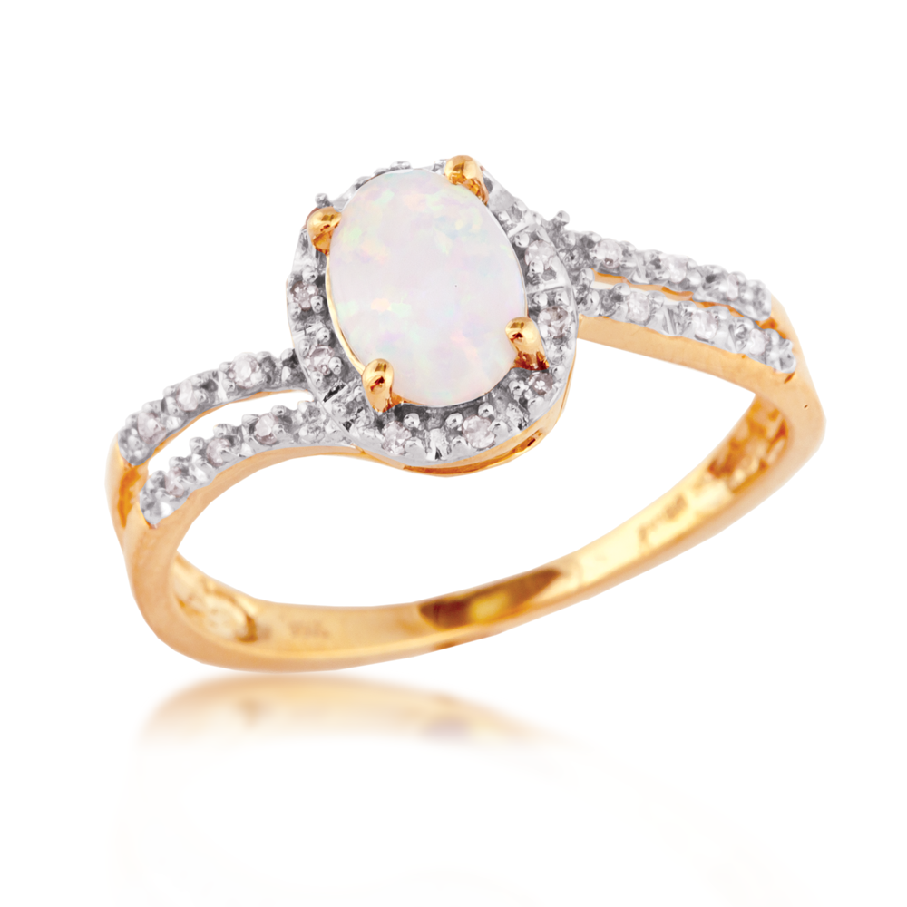 Created Oval Opal & Diamond Halo Split Shank Ring in 10K Yellow Gold