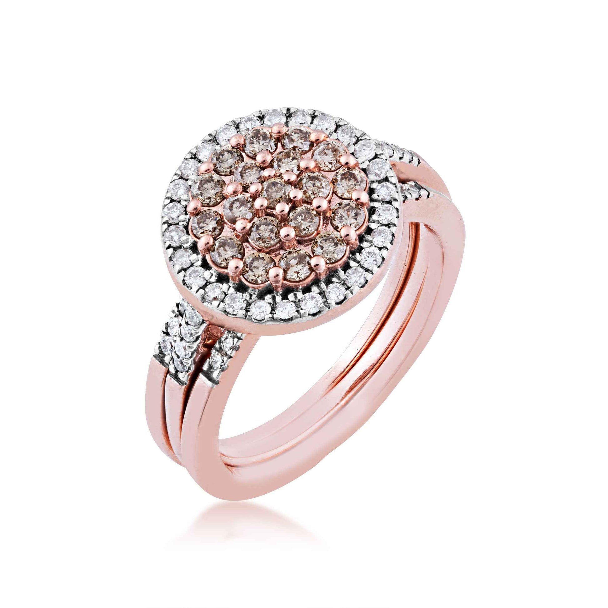 Mocha Cluster and 9/10 ct. tw. Diamond Halo Fashion Ring with Diamond Band Accents in 10K Pink Gold close-up detail
