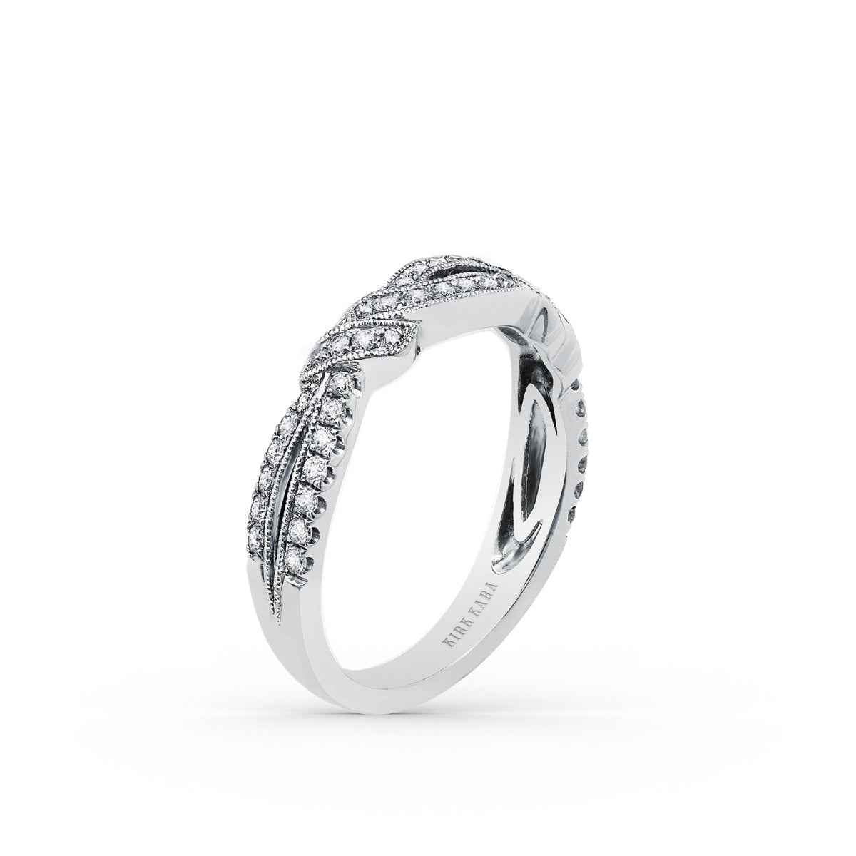 Kirk Kara 1/3 ct. tw. Vintage Inspired Split Shank Diamond Wedding Band with Milgrain Detailing in 18K White Gold front view