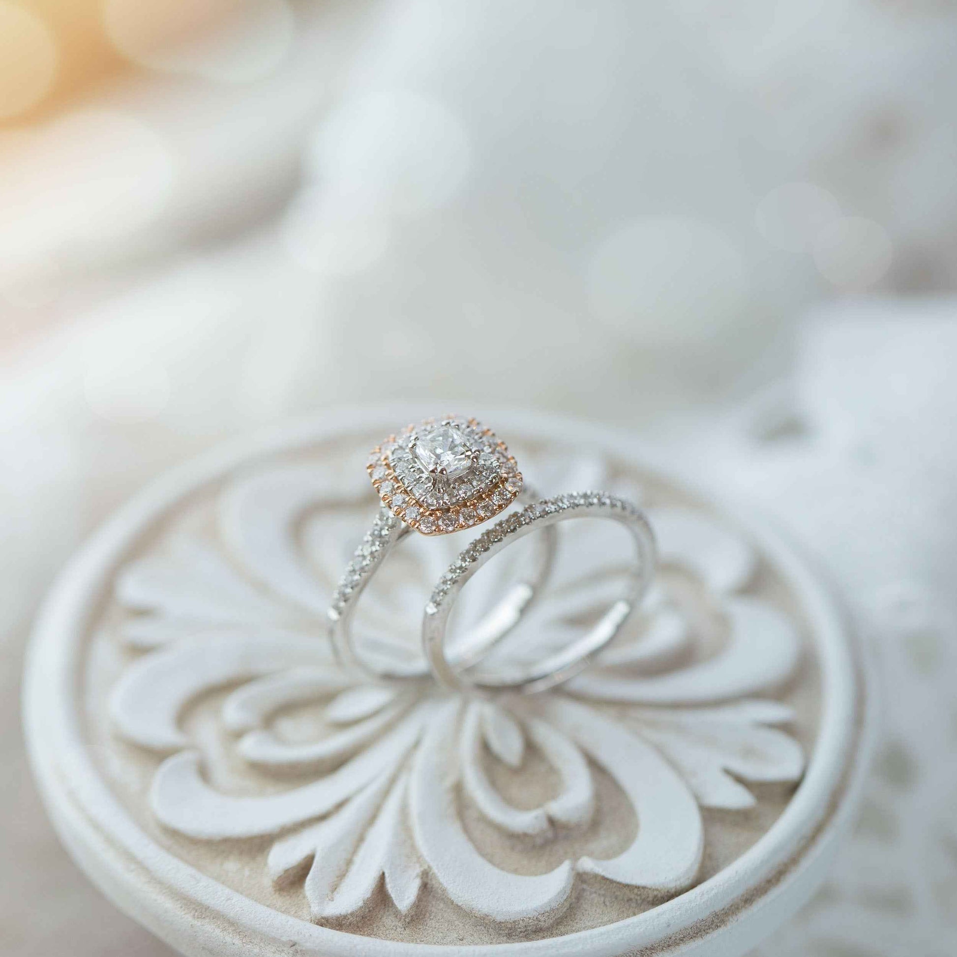 Amaura Collection 7/8 ct. tw. Cushion Cut Double Halo Diamond Wedding Set in 14K Two-Tone Gold close-up detail