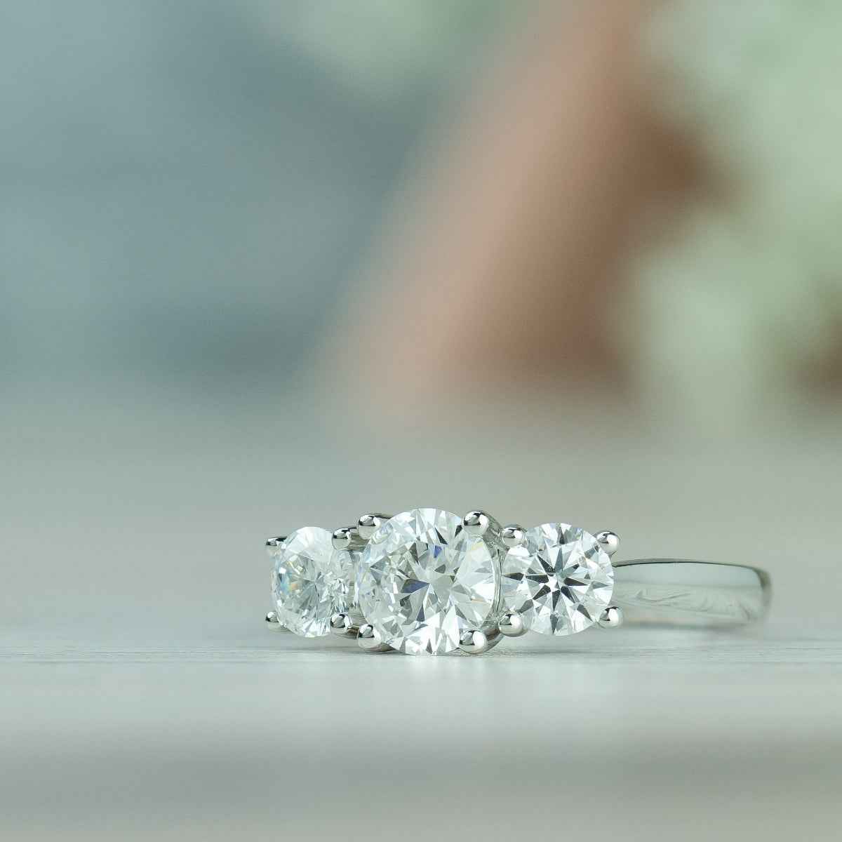 Adamante 1-1/2 ct. tw. Lab-Grown Round Brilliant Diamond 3-Stone Ring in 14K White Gold close-up detail
