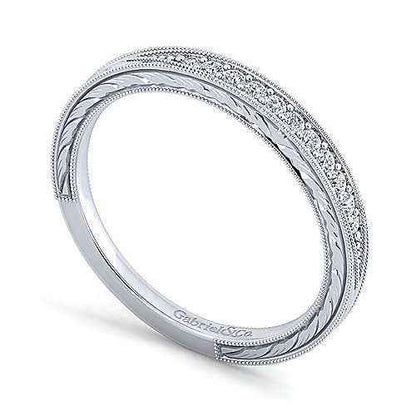 Gabriel & Co. 1/10 ct. tw. Round Diamond Wedding Band with Milgrain Detailing in 14K White Gold close-up detail