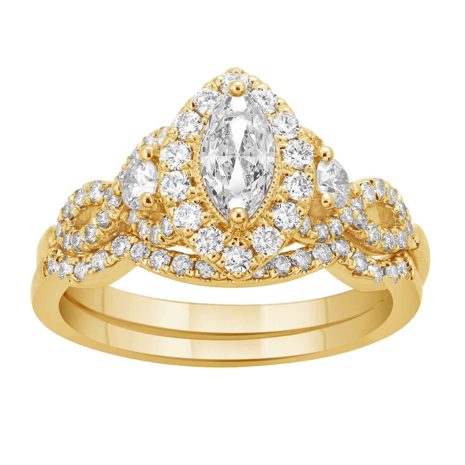 Natural 1-1/5 ct. tw. Marquise & Round Diamond Halo Twist Wedding Set in 14K Yellow Gold