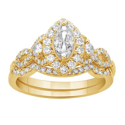 Natural 1-1/5 ct. tw. Marquise & Round Diamond Halo Twist Wedding Set in 14K Yellow Gold