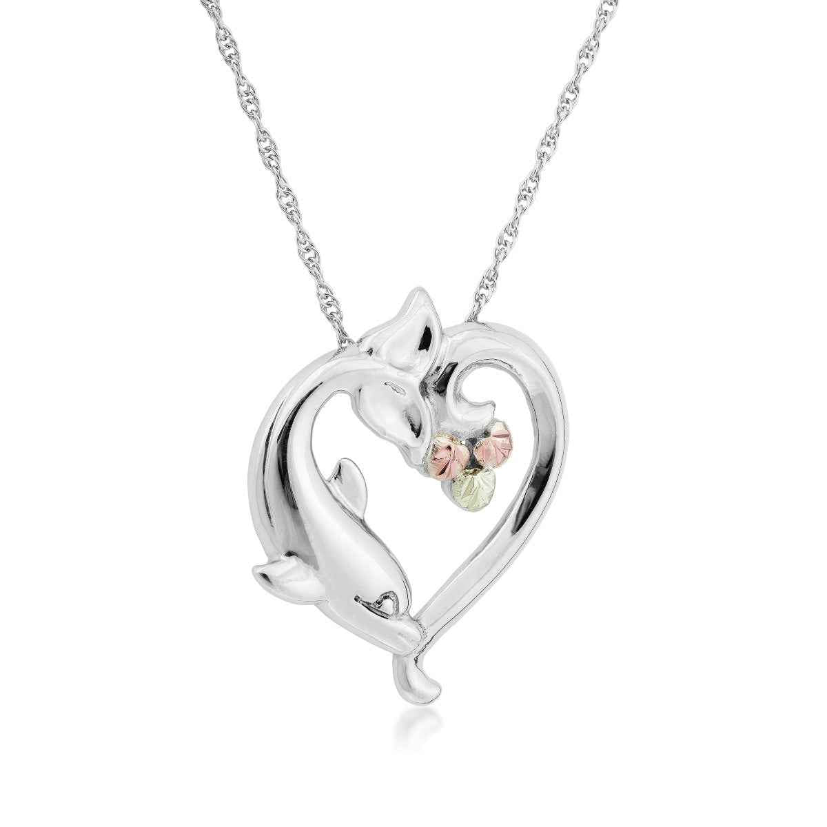 Black Hills Gold Leaf Dolphin Heart Pendant in Sterling Silver