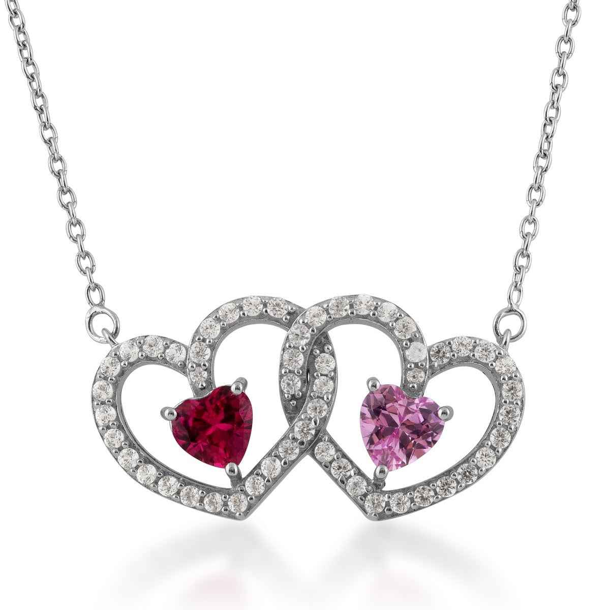 Heart Shaped Created Ruby Pink Sapphire and White Sapphire Double Heart Pendant in Sterling Silver