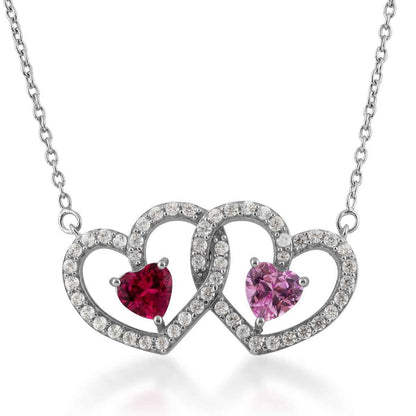 Heart Shaped Created Ruby Pink Sapphire and White Sapphire Double Heart Pendant in Sterling Silver