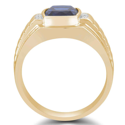 Men's Created Cushion Cut Blue Sapphire Ring with .01 ct. tw. Diamond Accents in 10K Yellow Gold front view