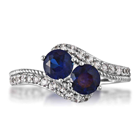 Created Round Blue & White Sapphire 2 Stone Ring with Rope Detailing in Band in Sterling Silver close-up detail