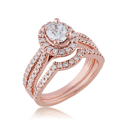 Noventa 1-1/2 ct. tw. Oval Halo Diamond Wedding Set with Cut-Out Accented Band in 14K Pink Gold close-up detail