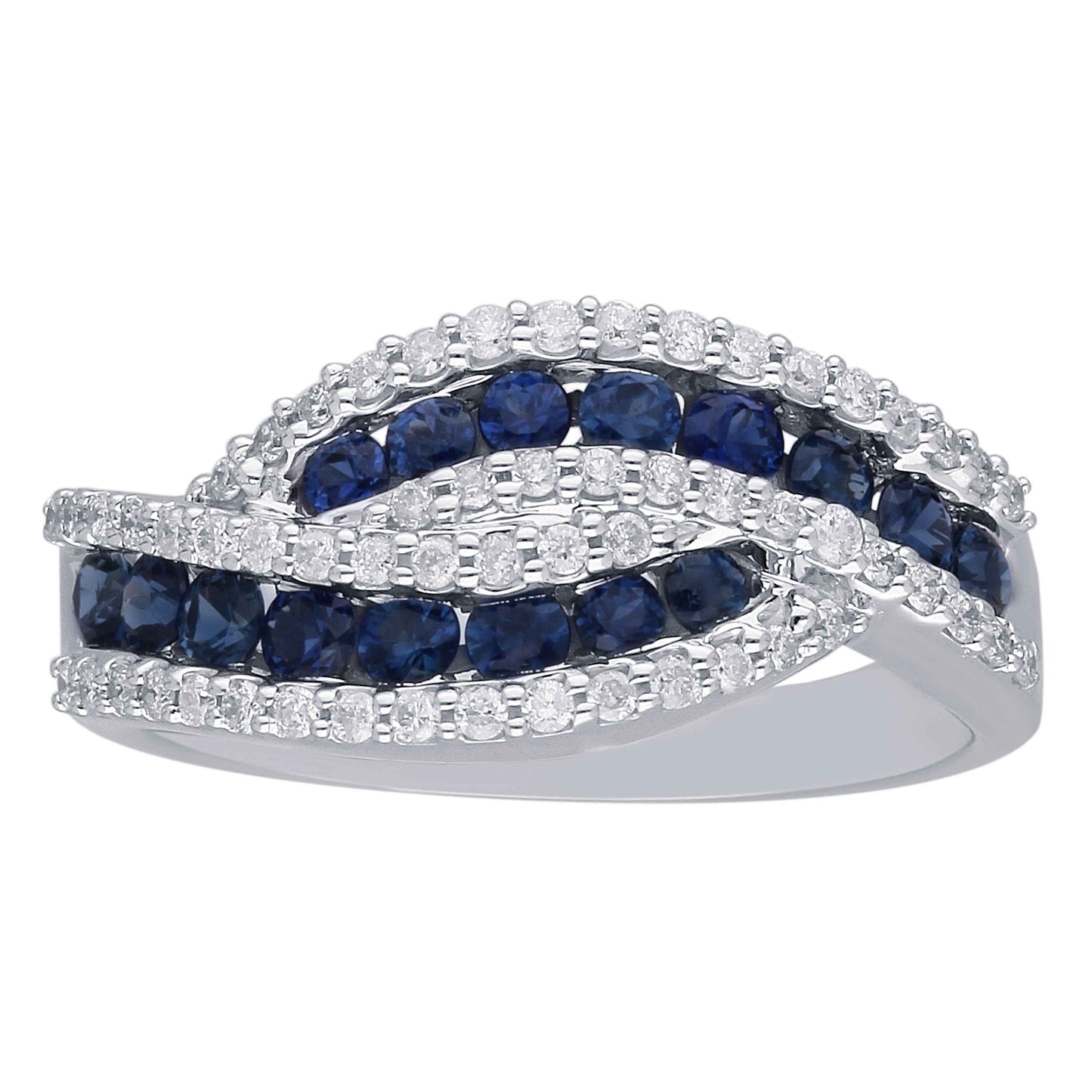 Kallati Channel Set Round Sapphire & 1/3 ct. tw. Diamond Bypass Ring in 14K White Gold