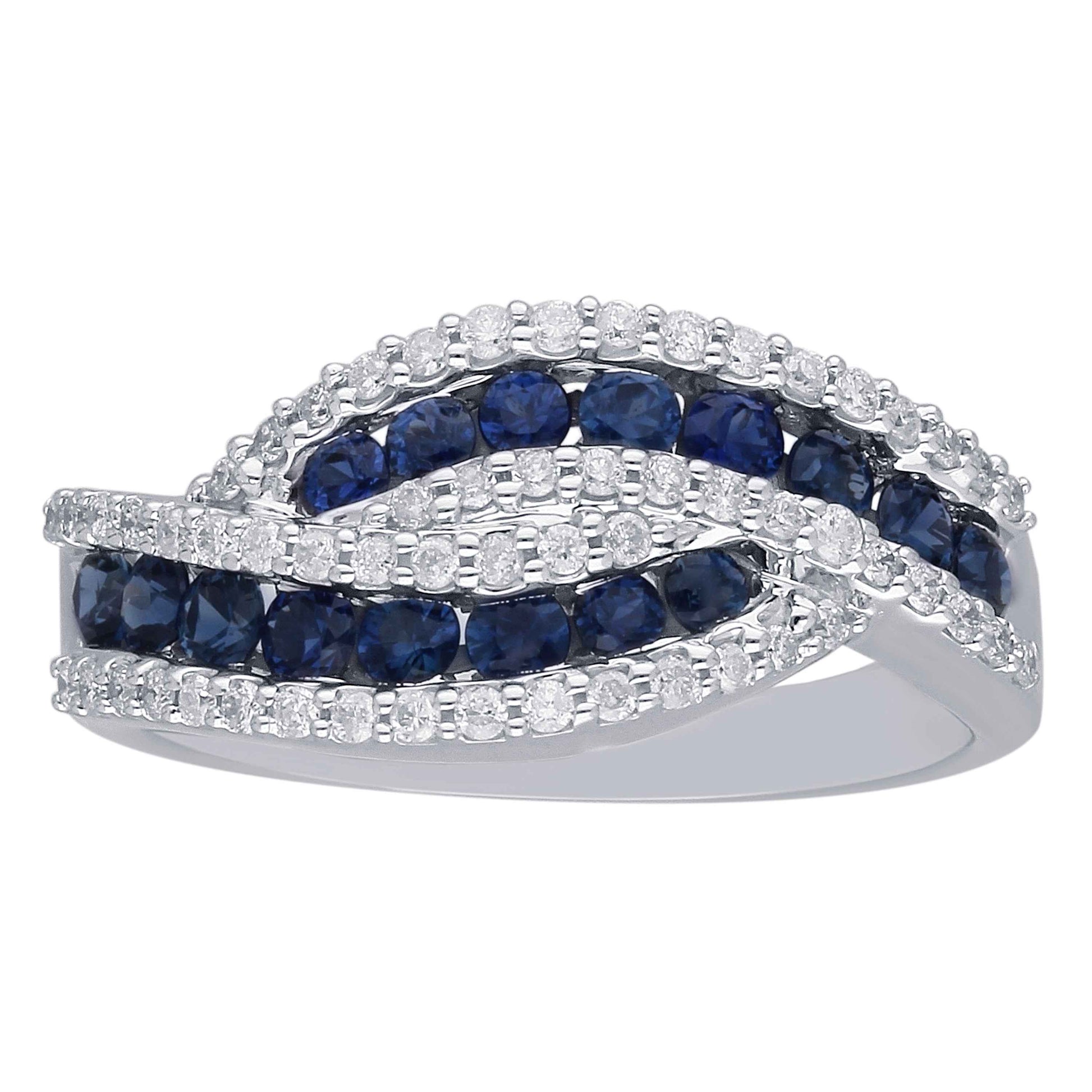 Kallati Channel Set Round Sapphire & 1/3 ct. tw. Diamond Bypass Ring in 14K White Gold