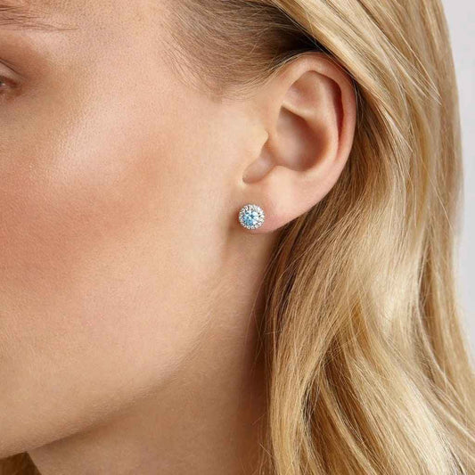 Lightbox 1 ct. tw. Lab-Grown Round Blue Diamond Halo Earrings in 10K White Gold front view