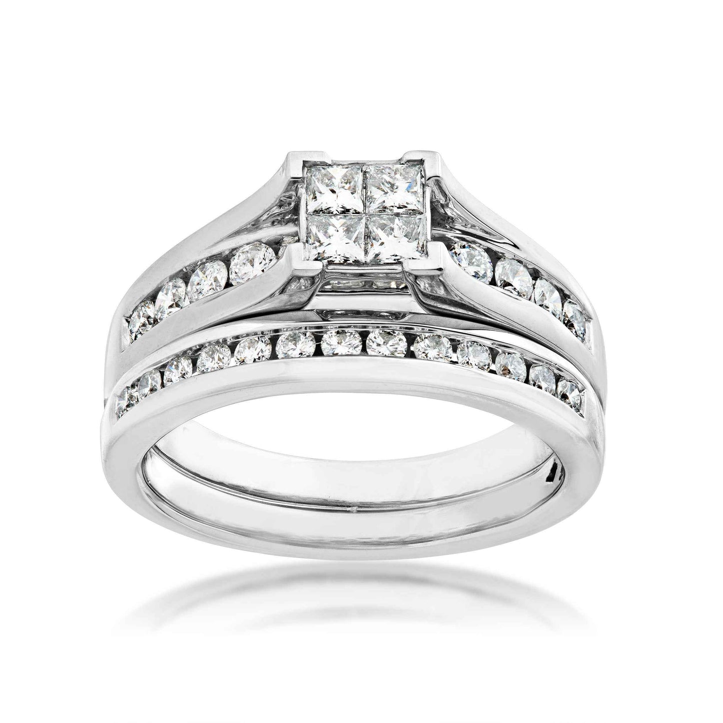 Fairytale Diamonds 1 ct. tw Quad Diamond Wedding Set with Open Channel-Set Diamond Band in 10K White Gold - 10W
