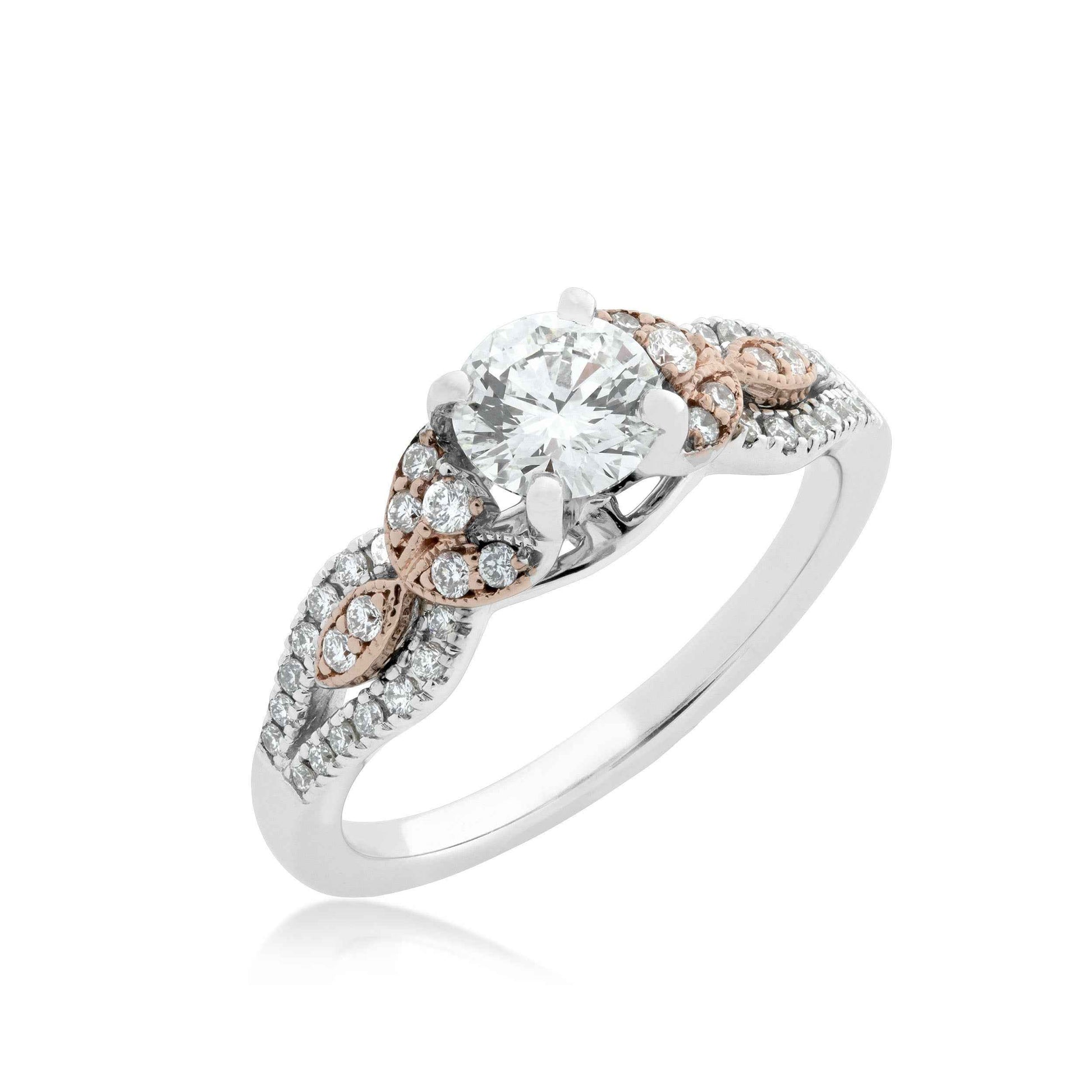 Noventa Elite 1 ct. tw. Round Diamond Engagement Ring with Milgrain Leaf Design Accents in 14K Pink and White Gold front view