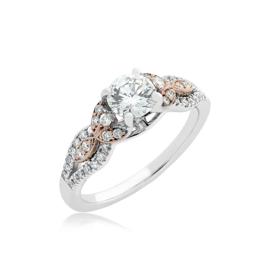 Noventa Elite 1 ct. tw. Round Diamond Engagement Ring with Milgrain Leaf Design Accents in 14K Pink and White Gold front view