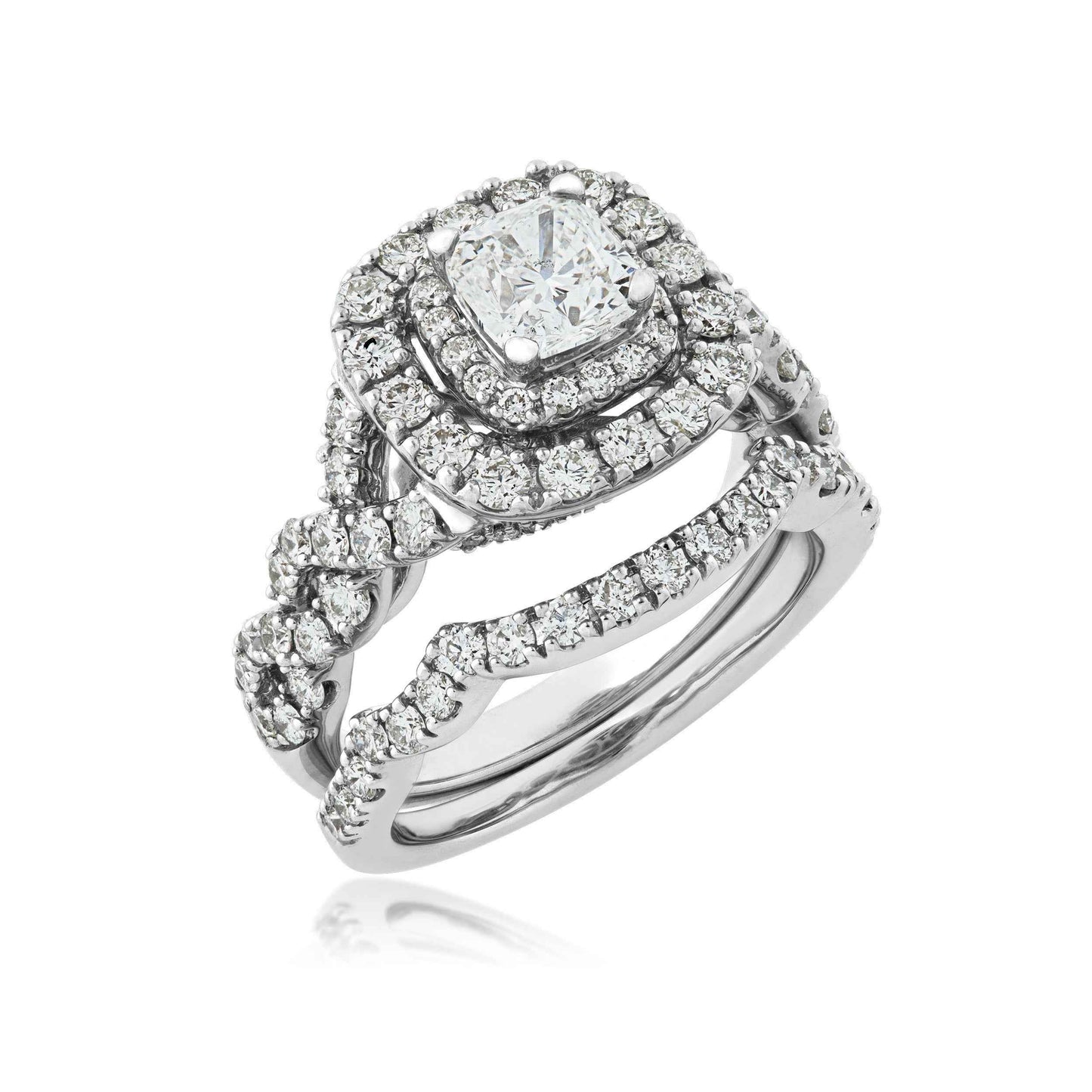 Natural 2-1/2 ct. tw. Cushion Diamond Double Halo Twist Wedding Set in 14K White Gold close-up detail