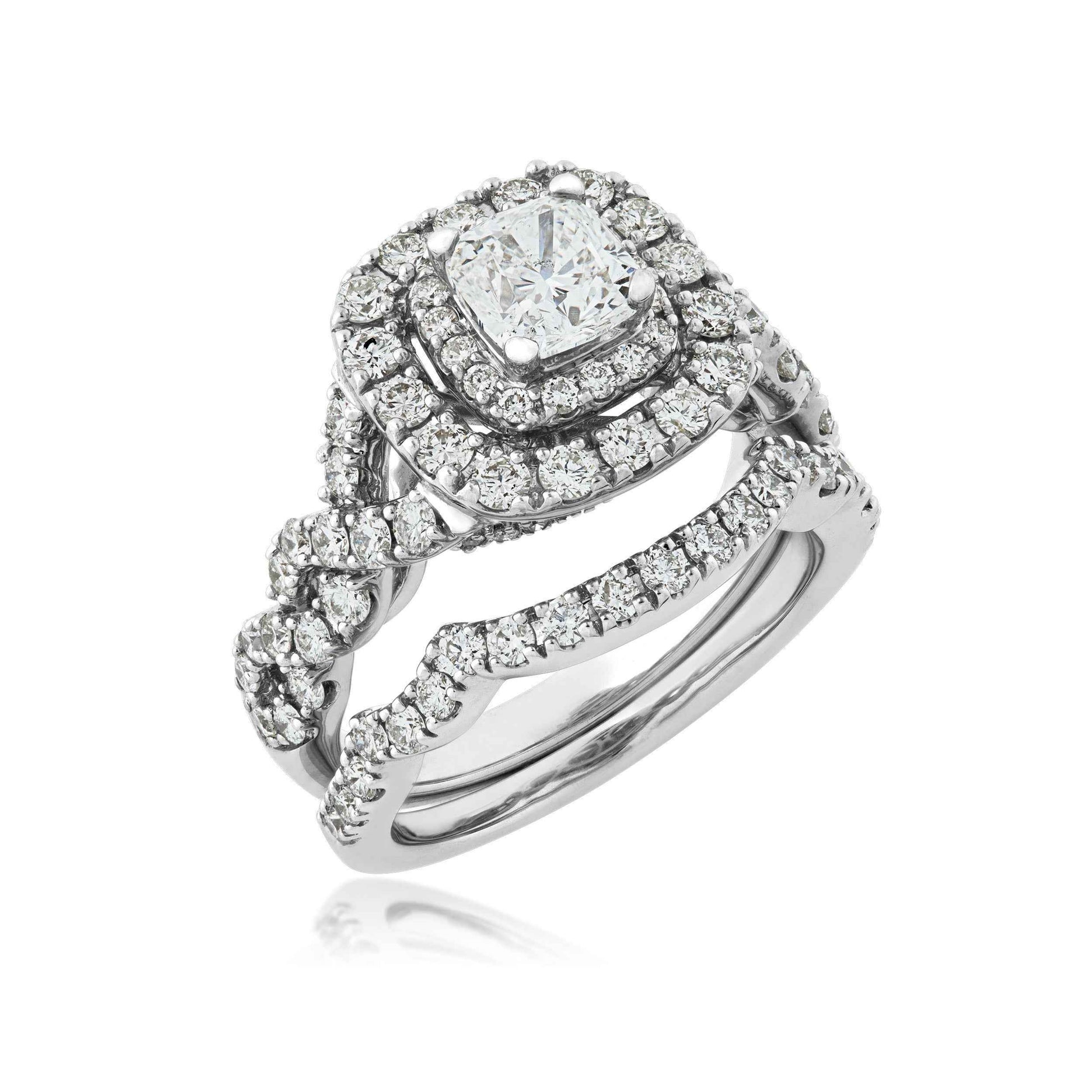 Natural 2-1/2 ct. tw. Cushion Diamond Double Halo Twist Wedding Set in 14K White Gold close-up detail