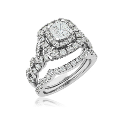 Natural 2-1/2 ct. tw. Cushion Diamond Double Halo Twist Wedding Set in 14K White Gold close-up detail