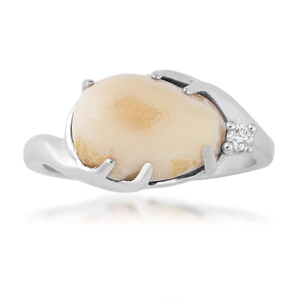 Ladies' Elk Ivory Cabochon Cut & .03 ct. tw. Diamond Ring with Antler Accented Setting in Sterling Silver front view