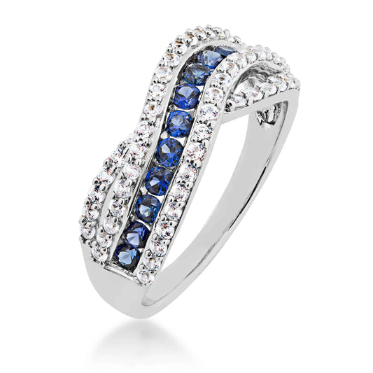Created Blue & White Sapphire Channel Set Ring in Sterling Silver front view