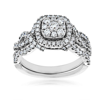 Fairytale Diamonds 7/8 ct. tw Diamond Cluster Halo Wedding Set in 10K White Gold