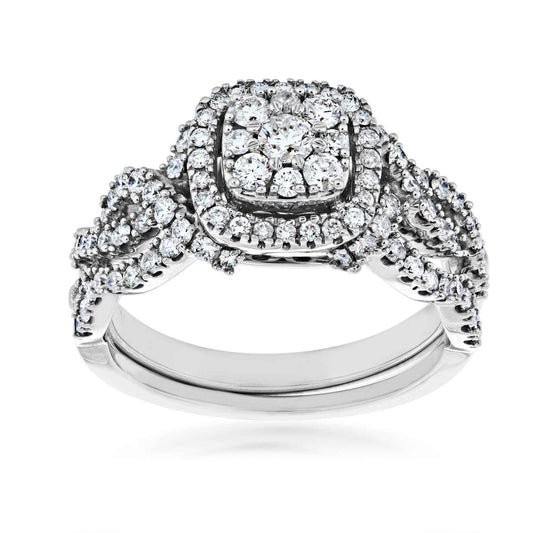 Fairytale Diamonds 7/8 ct. tw Diamond Cluster Halo Wedding Set in 10K White Gold