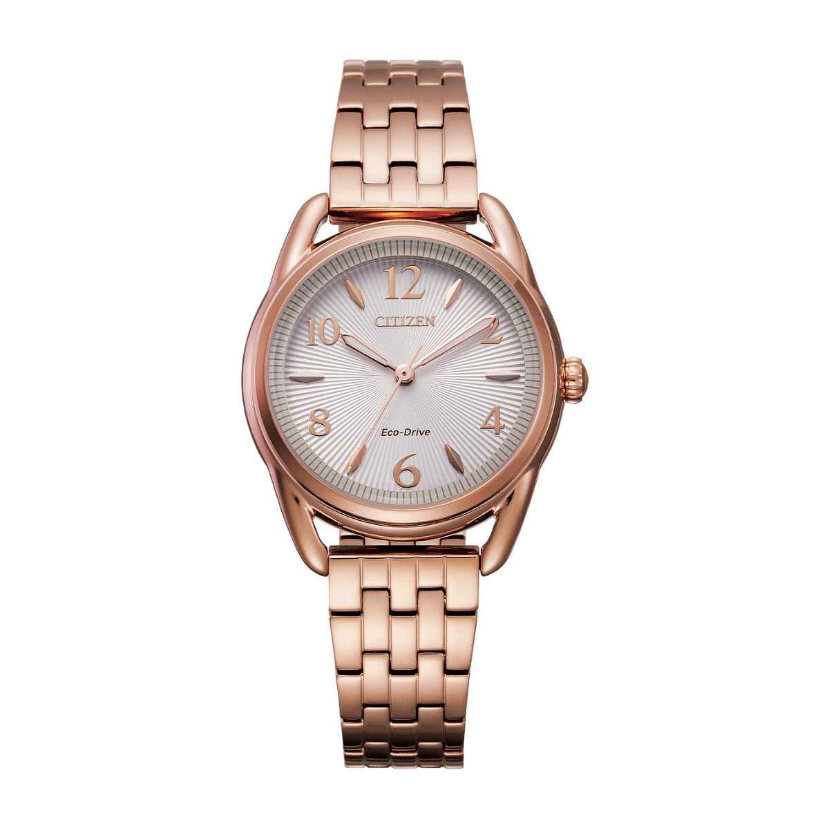 Citizen Ladies' Drive Eco-Drive Pink Gold-Tone Stainless Steel Watch with Silver White Dial