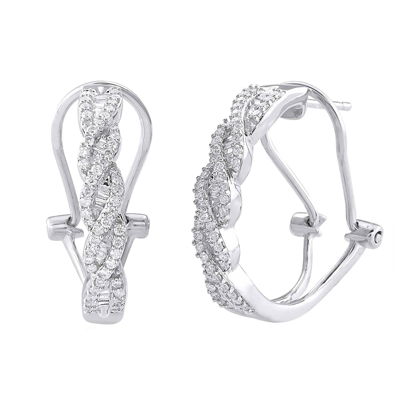 3/8 ct. tw. Round Brilliant and Baguette Diamond Fashion Hoop Earrings in 10K White Gold