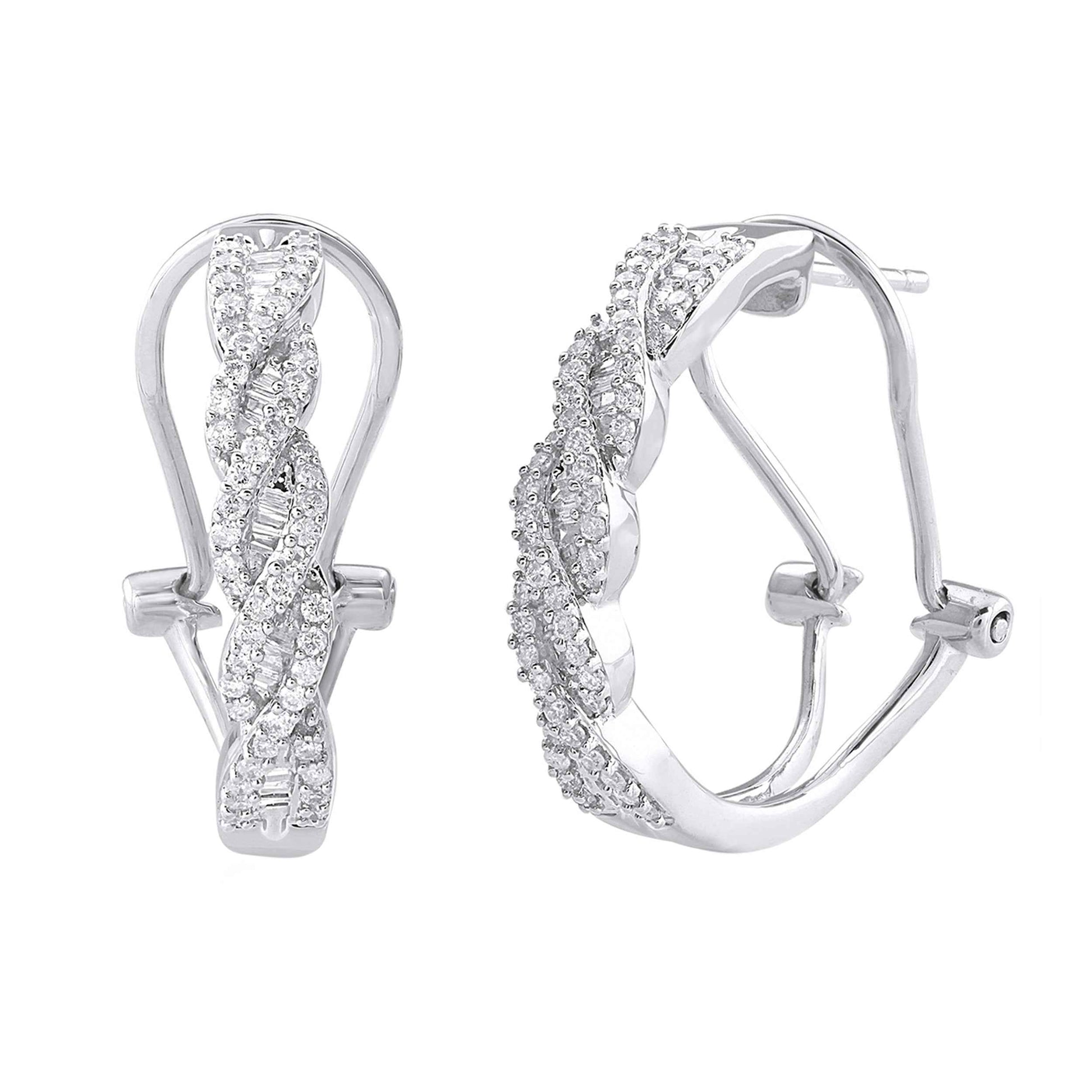 3/8 ct. tw. Round Brilliant and Baguette Diamond Fashion Hoop Earrings in 10K White Gold