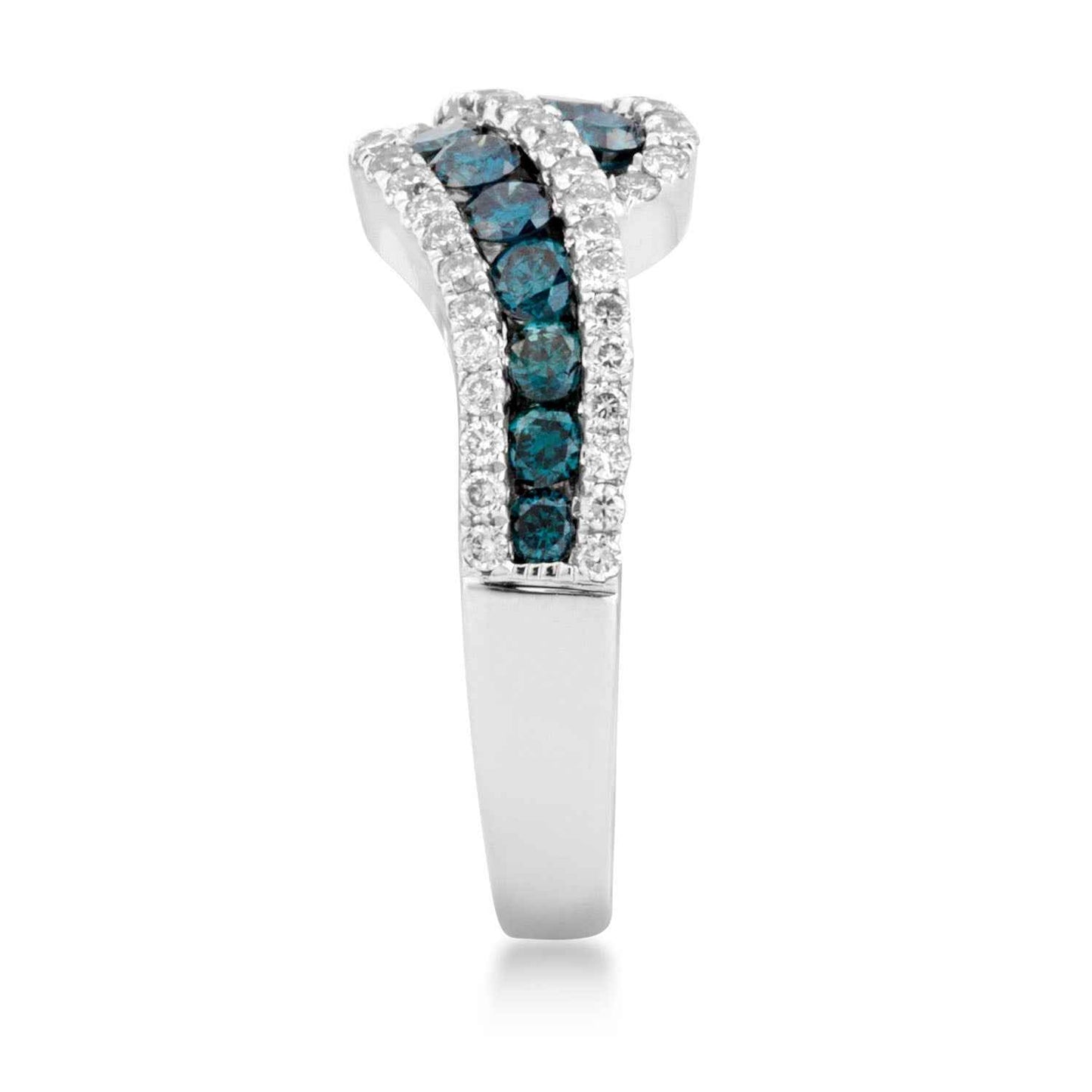 Treated Blue and White Diamond Asher Swirl Ring in White Gold front view