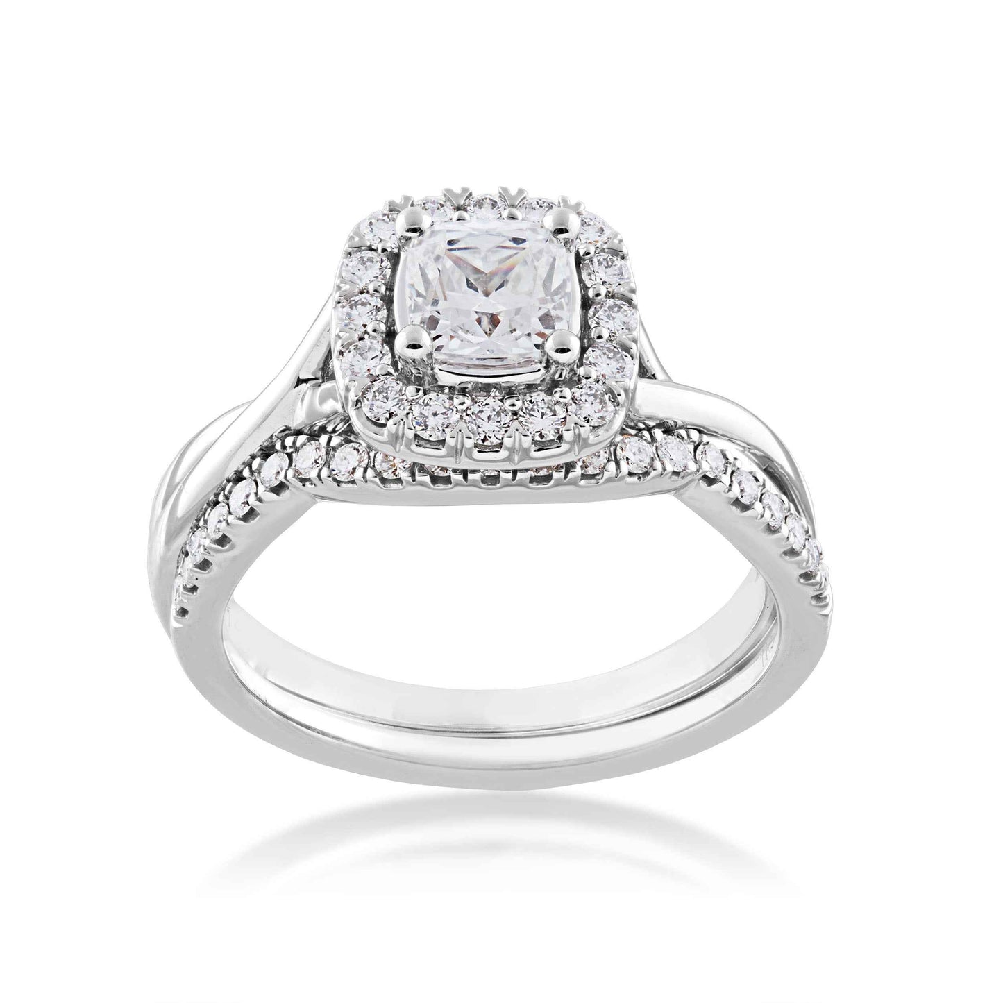 Noventa 1-1/8 ct. tw. Cushion Cut Diamond Halo Wedding Set with Twist Band in 14K White & Pink Gold