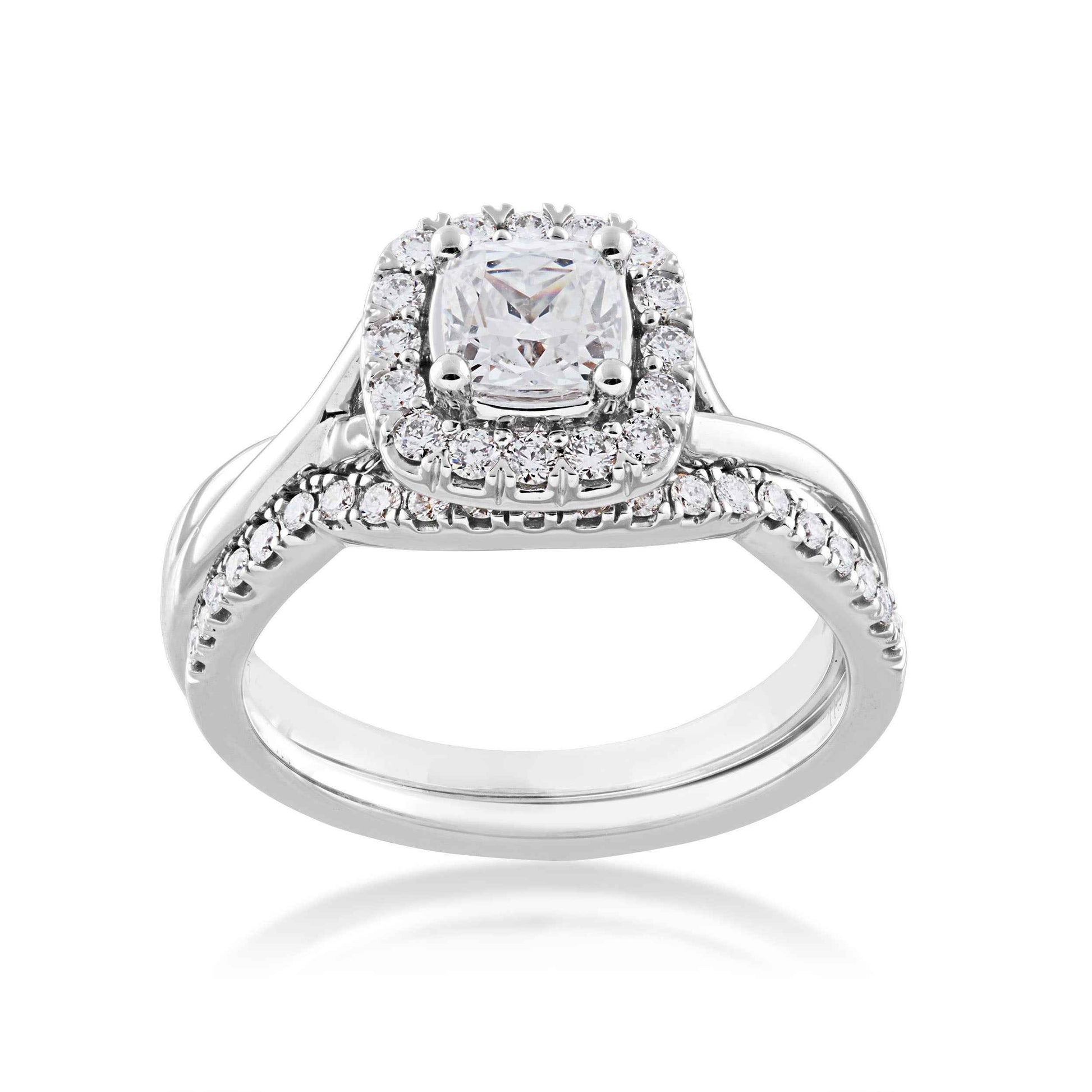 Noventa 1-1/8 ct. tw. Cushion Cut Diamond Halo Wedding Set with Twist Band in 14K White & Pink Gold