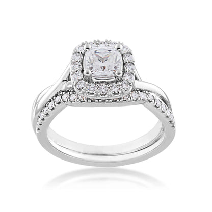 Noventa 1-1/8 ct. tw. Cushion Cut Diamond Halo Wedding Set with Twist Band in 14K White & Pink Gold