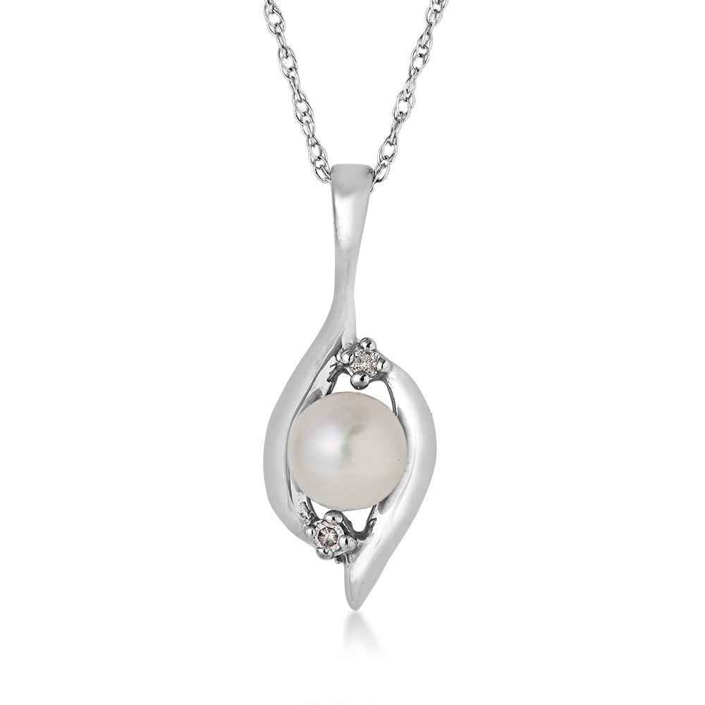 White Pearl & Diamond Pendant in 10K White Gold