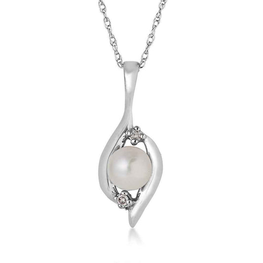 White Pearl & Diamond Pendant in 10K White Gold