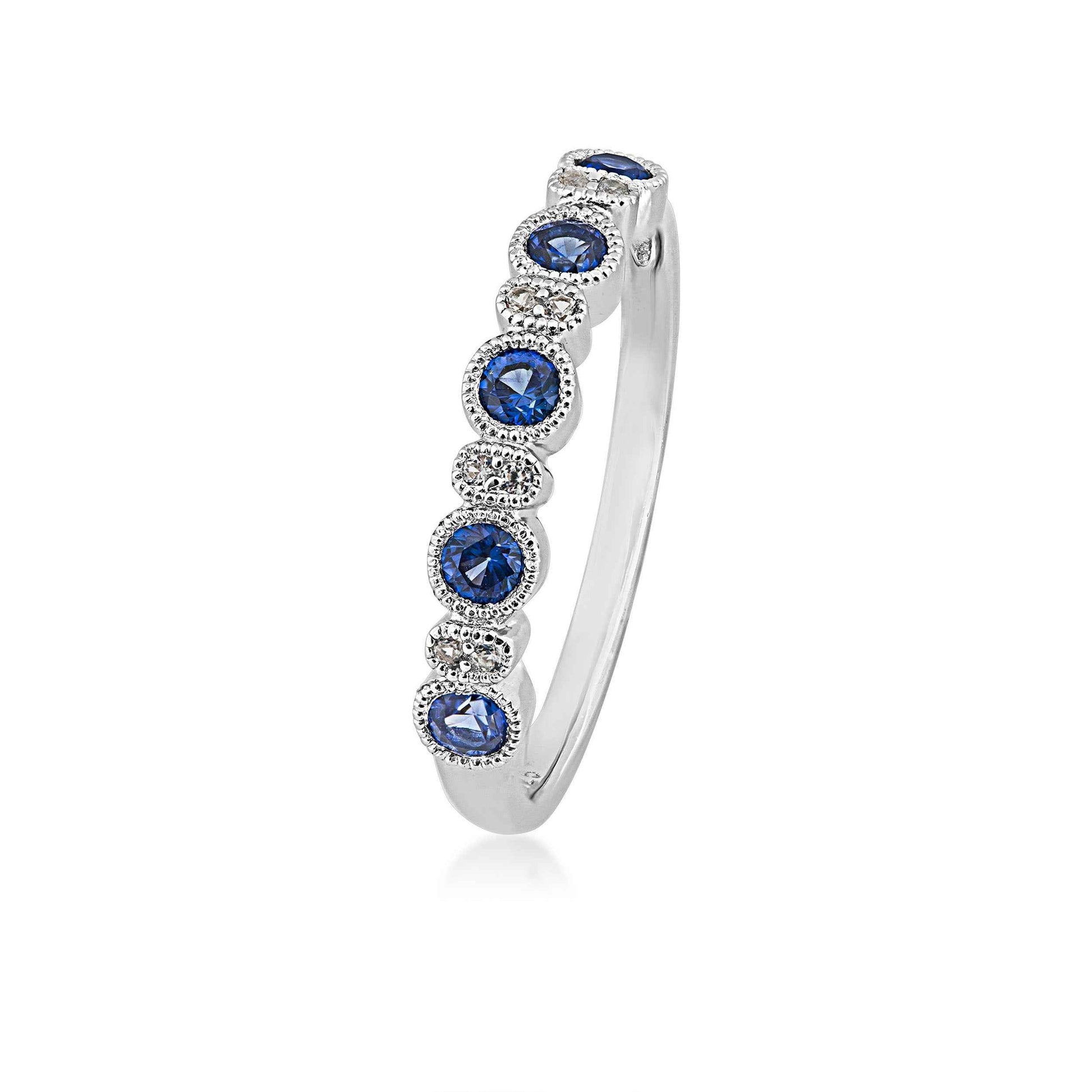 Created Blue & White Sapphire Stack Ring with Milgrain Halos in Sterling Silver front view