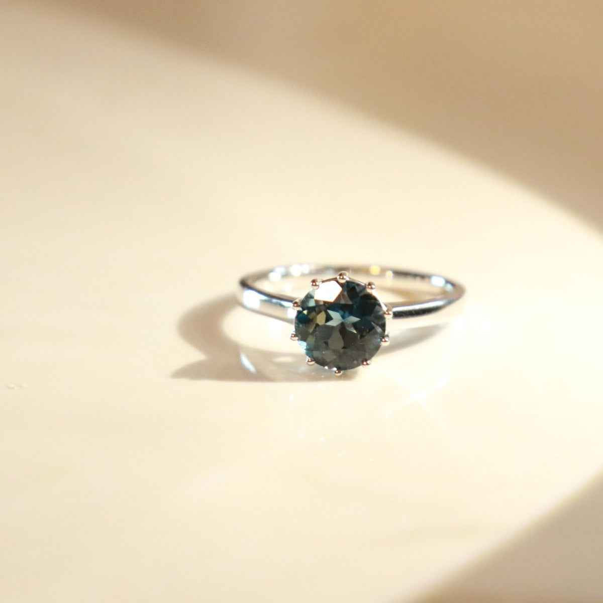 Round London Blue Topaz Solitaire Ring in 10K White Gold side profile