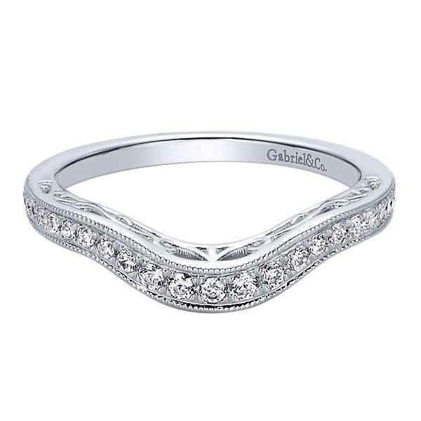 Gabriel & Co. .21 ct. tw. Curved Wedding Band with Filigree Side Detailing and Milgrain Edging in 14K White Gold