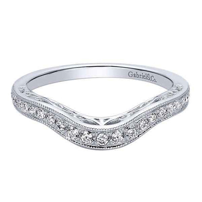Gabriel & Co. .21 ct. tw. Curved Wedding Band with Filigree Side Detailing and Milgrain Edging in 14K White Gold