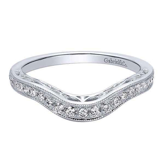 Gabriel & Co. .21 ct. tw. Curved Wedding Band with Filigree Side Detailing and Milgrain Edging in 14K White Gold
