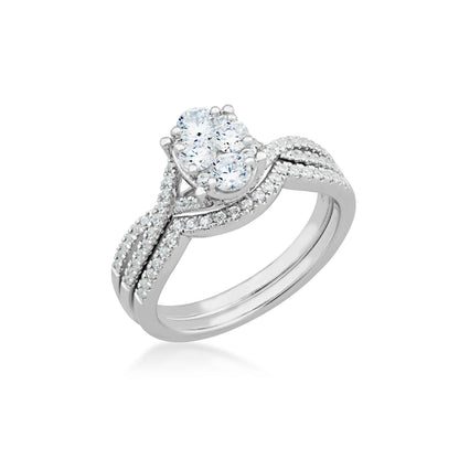 Fairytale Diamonds 7/8 ct. tw. Oval Composite Wedding Set with Side Twisted Band in 10K White Gold front view