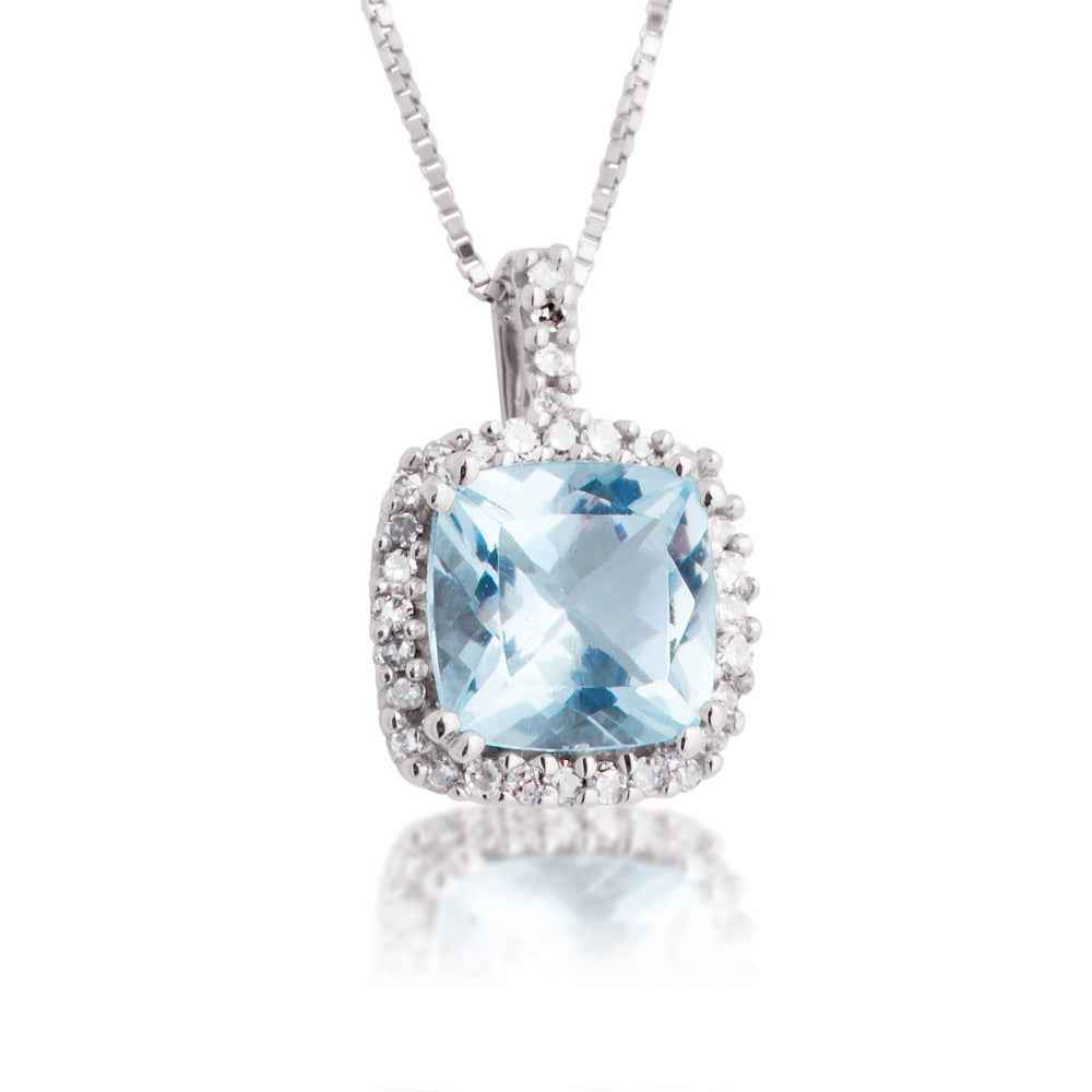Genuine Cushion Cut Aquamarine Pendant with .08 ct. tw. Diamond Halo in 10K White Gold
