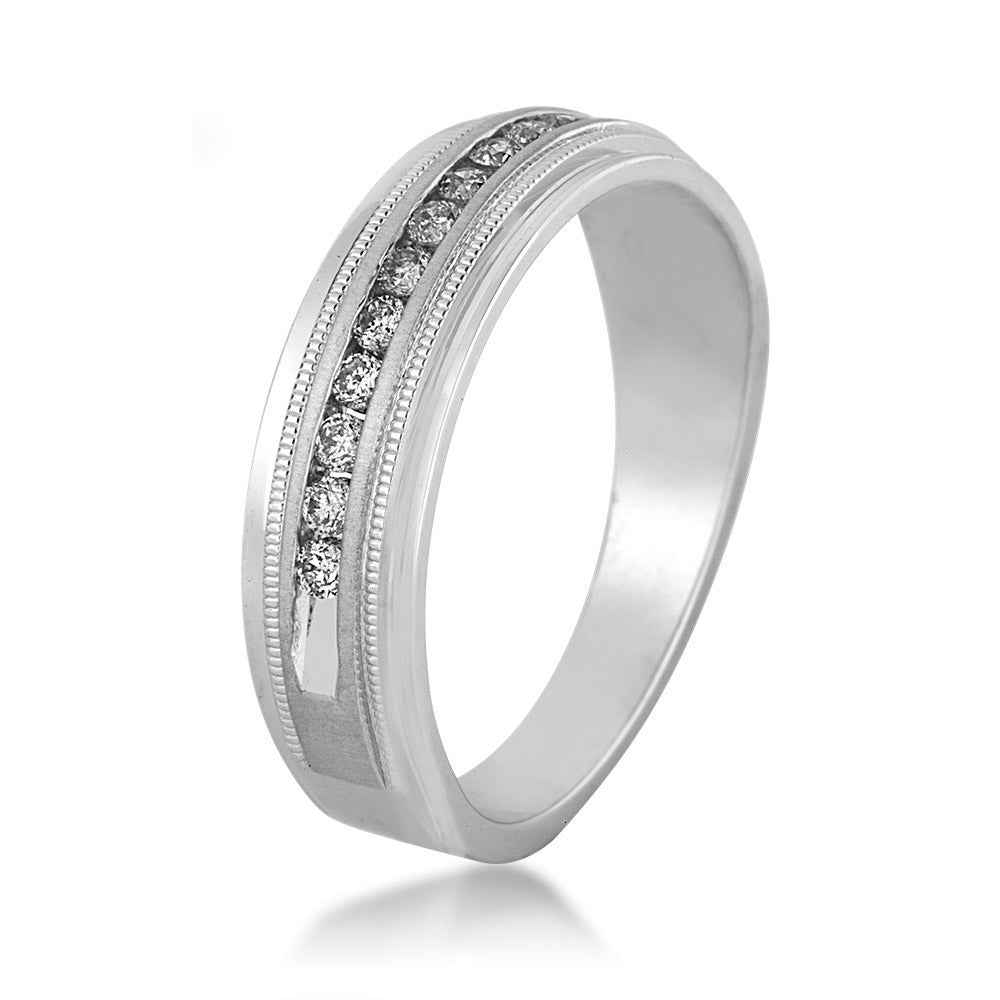 Men's 1/4 ct. tw. Round Channel-Set Diamond Wedding Band with Milgrain Edging Accent in 14K White Gold front view