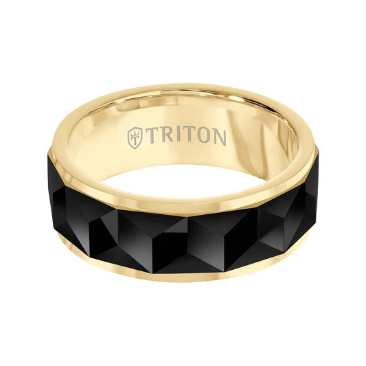 Triton Men's 8MM Black and Yellow Tungsten Wedding Band with Faceted 11