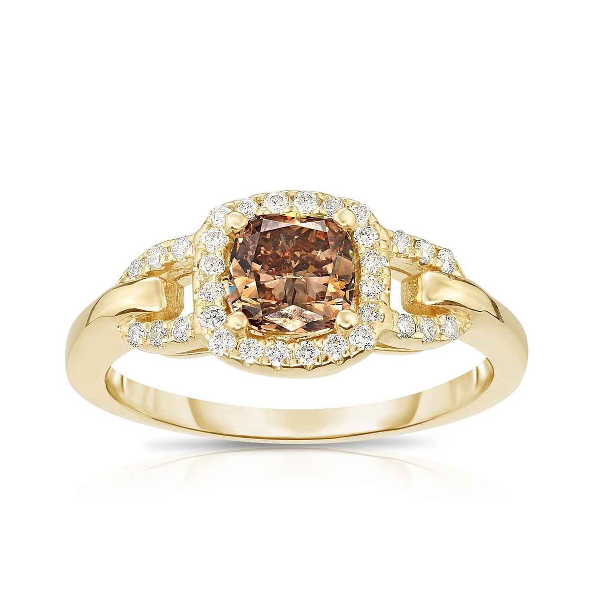 Mocha Lux 9/10 ct. tw. Cushion Cut Mocha Diamond Engagement Ring with Halo and Side Loop Diamonds in 14K Yellow Gold