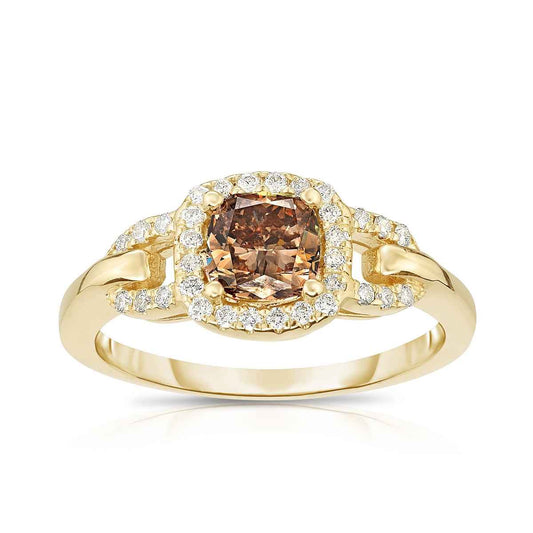 Mocha Lux 9/10 ct. tw. Cushion Cut Mocha Diamond Engagement Ring with Halo and Side Loop Diamonds in 14K Yellow Gold