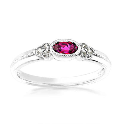 Created Oval Ruby & White Sapphire Stackable Ring with Milgrain Halo in Sterling Silver